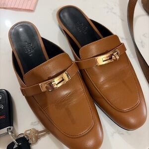 Hermes Oz Mule Shoe Naturel Tan Leather Mules with Gold Accent Euro 38 US 7.5